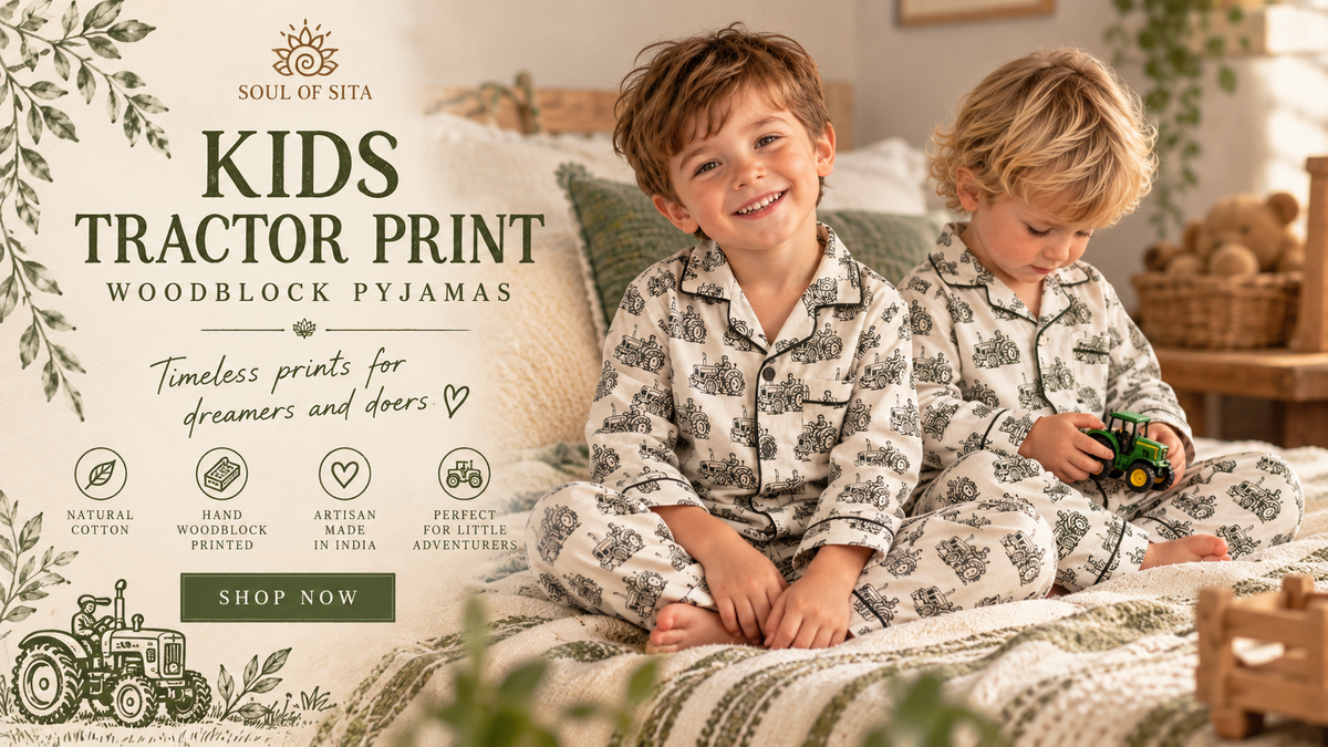Kids Woodblock Print Tractor Pyjama Set