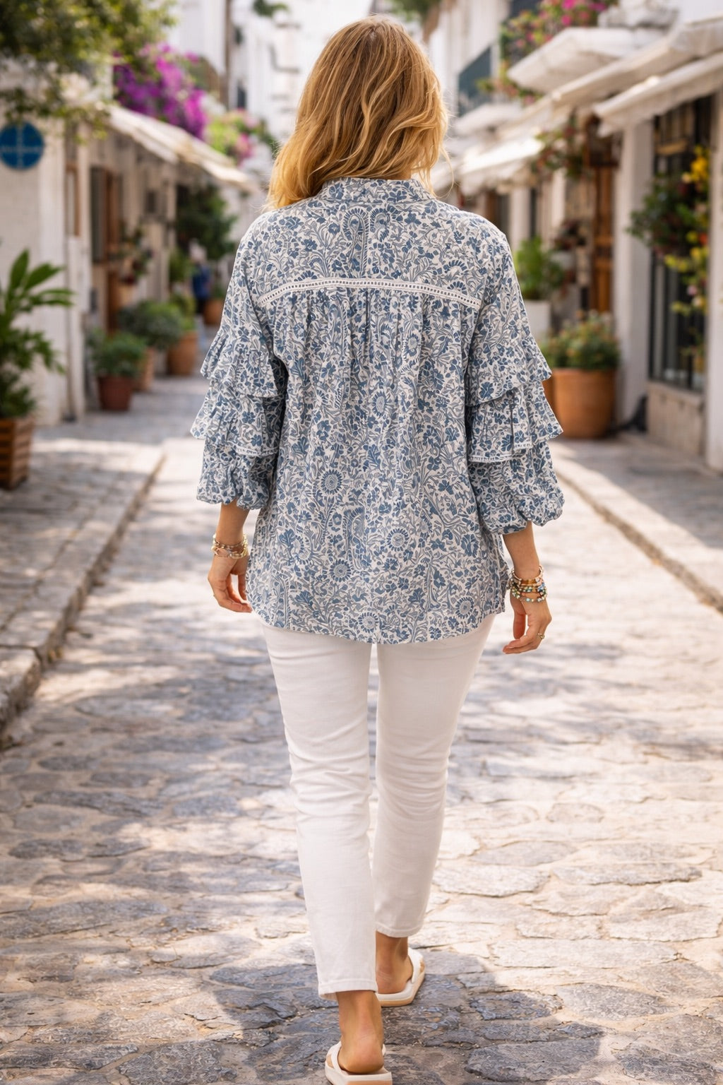 Liberty Woodblock printed frill sleeve blouse in blue paisley floral