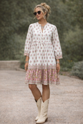 Bella Cream and Pink Wood block printed cotton voile dress