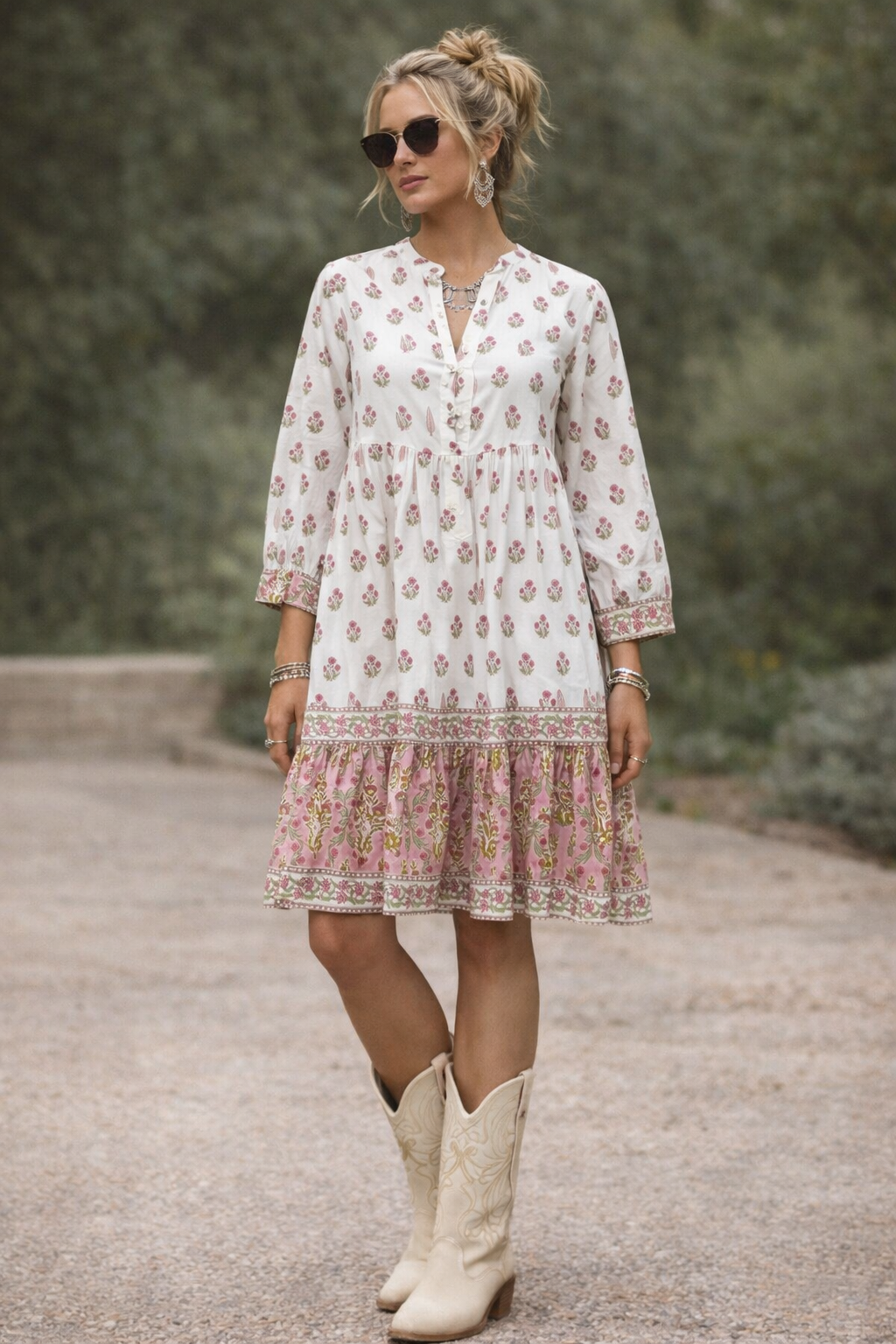 Bella Cream and Pink Wood block printed cotton voile dress