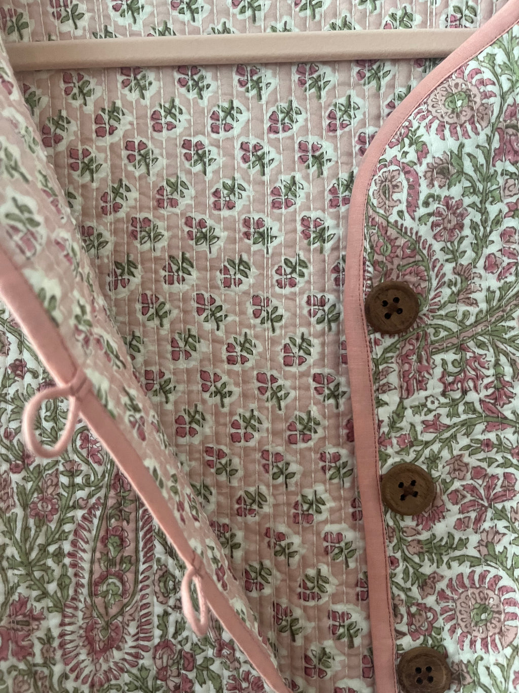 Pink/Green Floral wood block printed reversible jacket with wooden buttons, 100% cotton, hand printed by amazingly talented artisans in Jaipur.