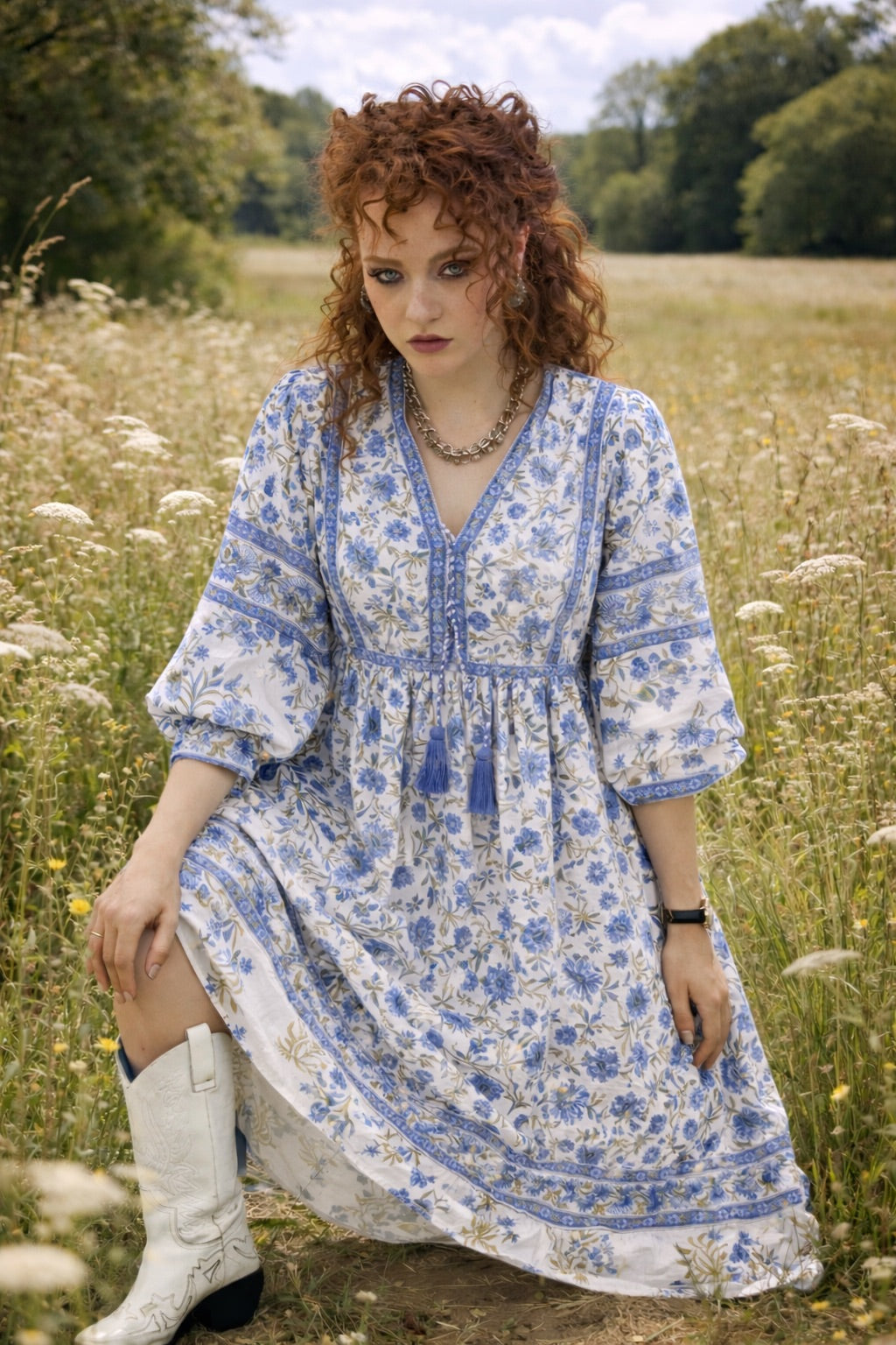 Amelia San Floral in Blue/Green Floaty sleeve maxi folk dress in woodblock print