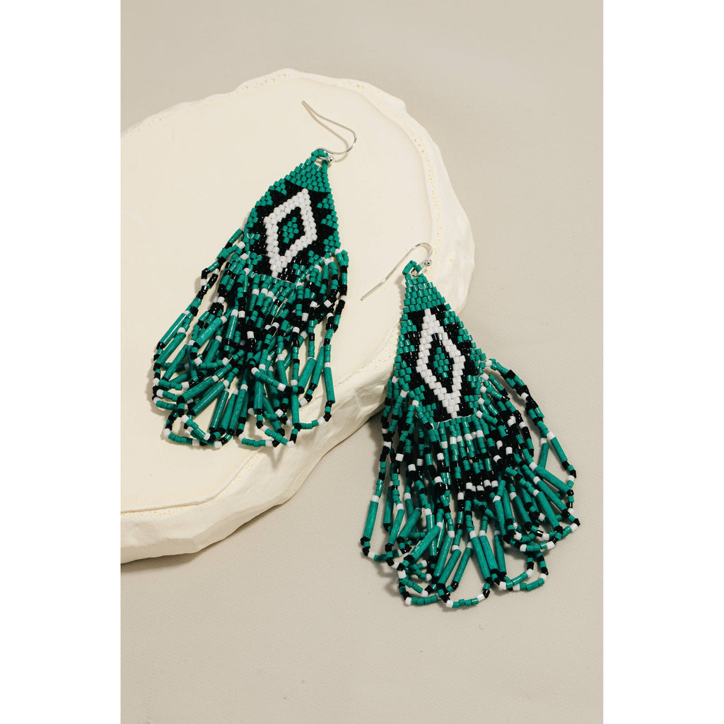 Triangular Boho Seed Beaded Fringe Dangle Earrings: SHP