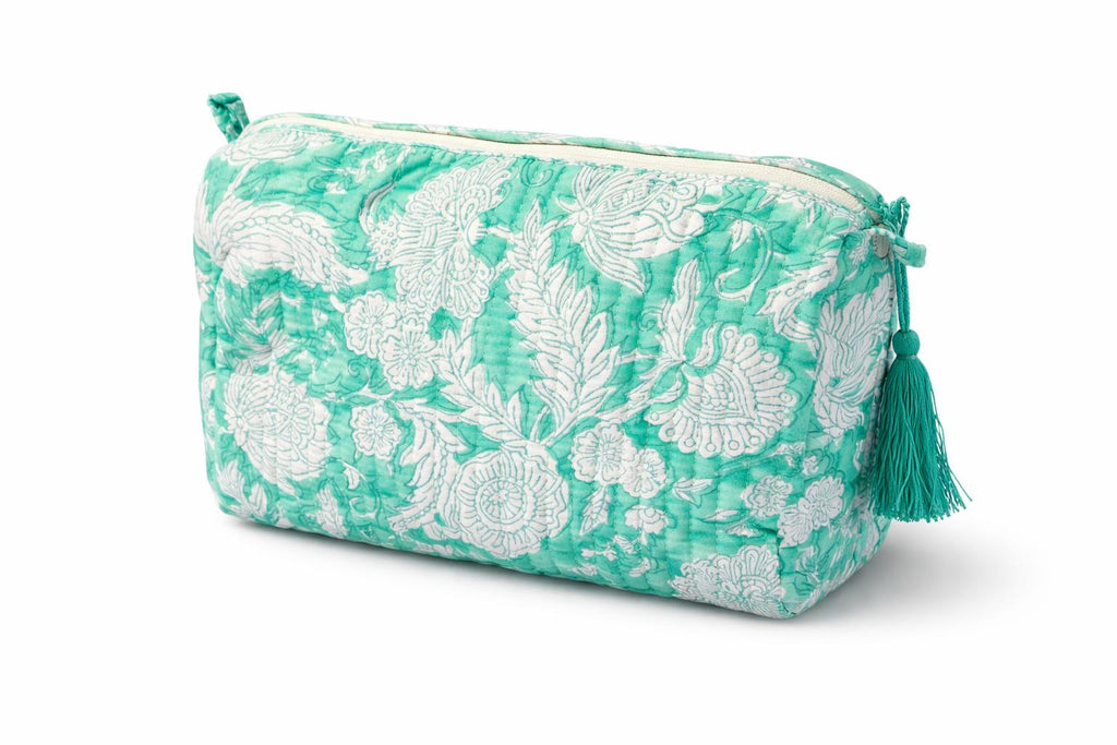 Woodblock printed Mint Green Floral Quilted Makeup Bag