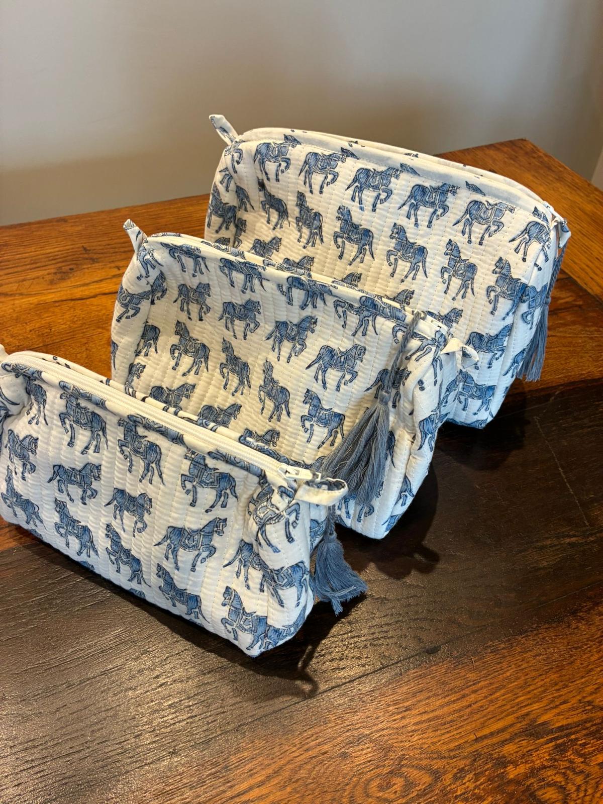 Woodblock Blue Horse Quilted Makeup Bag Set