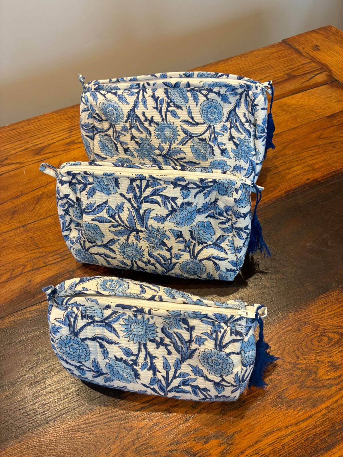Woodblock Blue Floral Quilted Makeup Bag Set