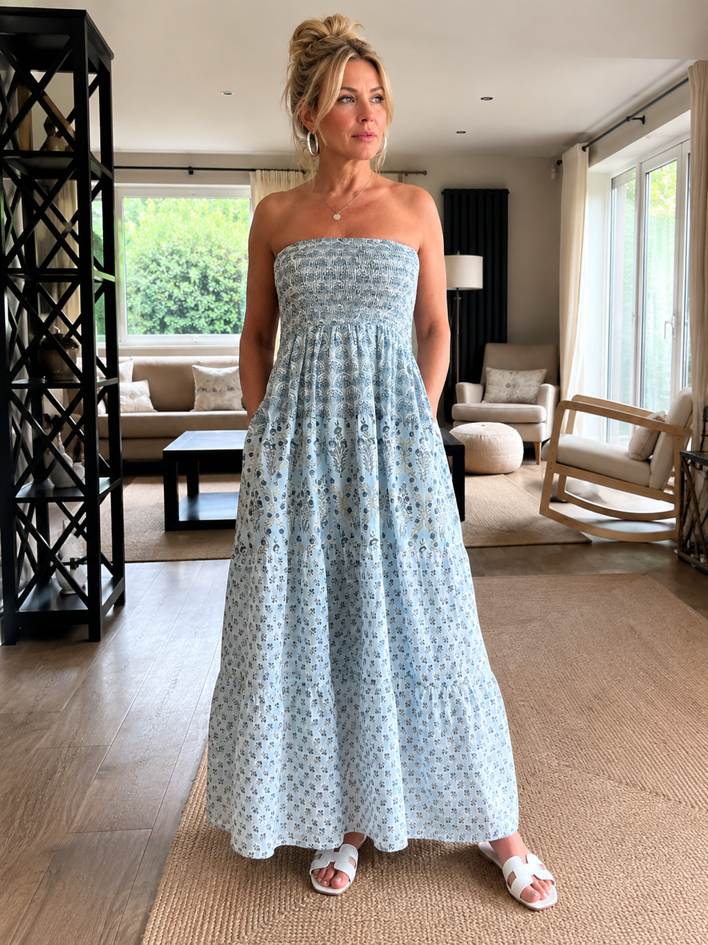Strapless summer maxi in soft blues - woodblock print