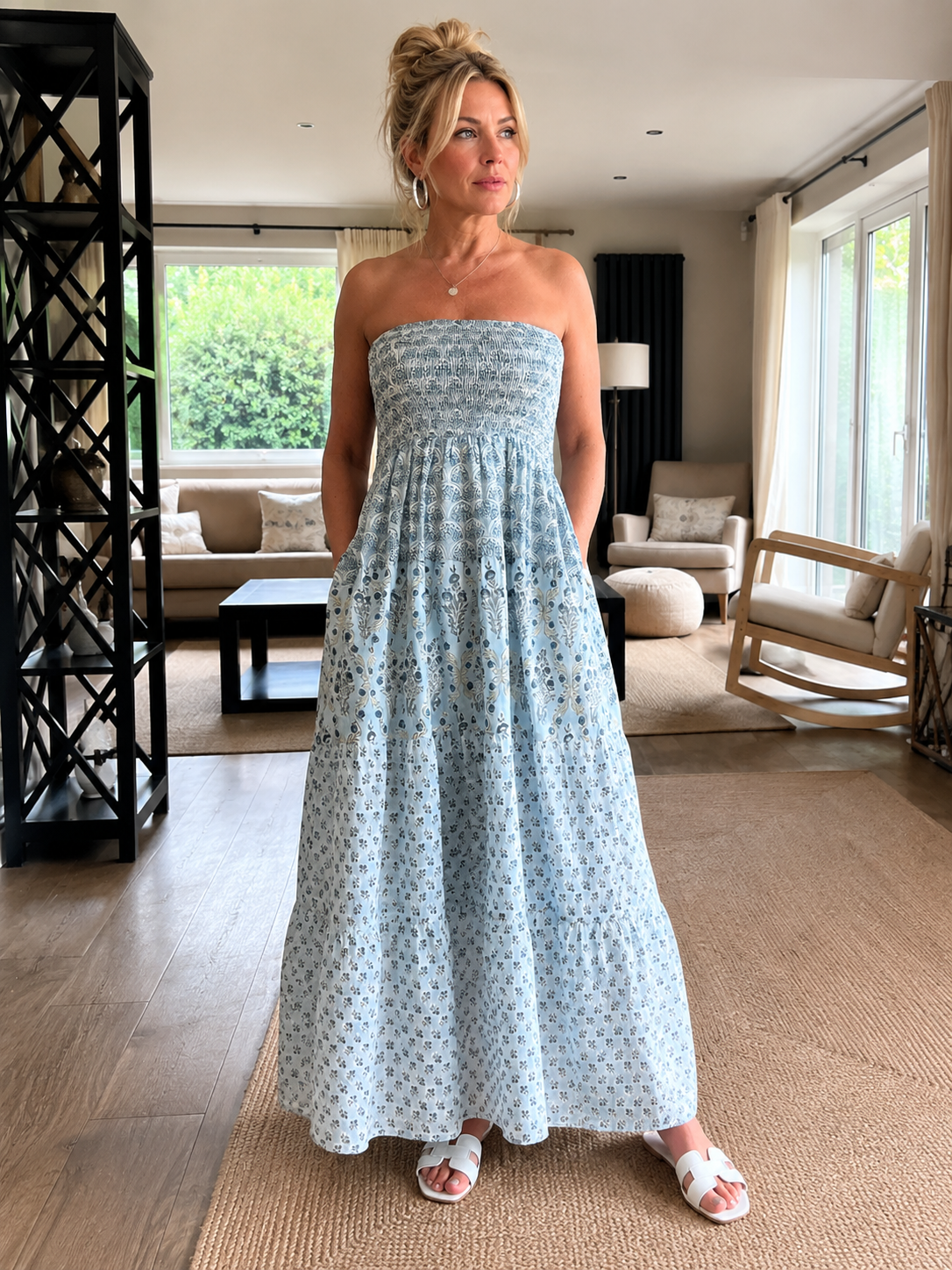 Strapless summer maxi in soft blues - woodblock print