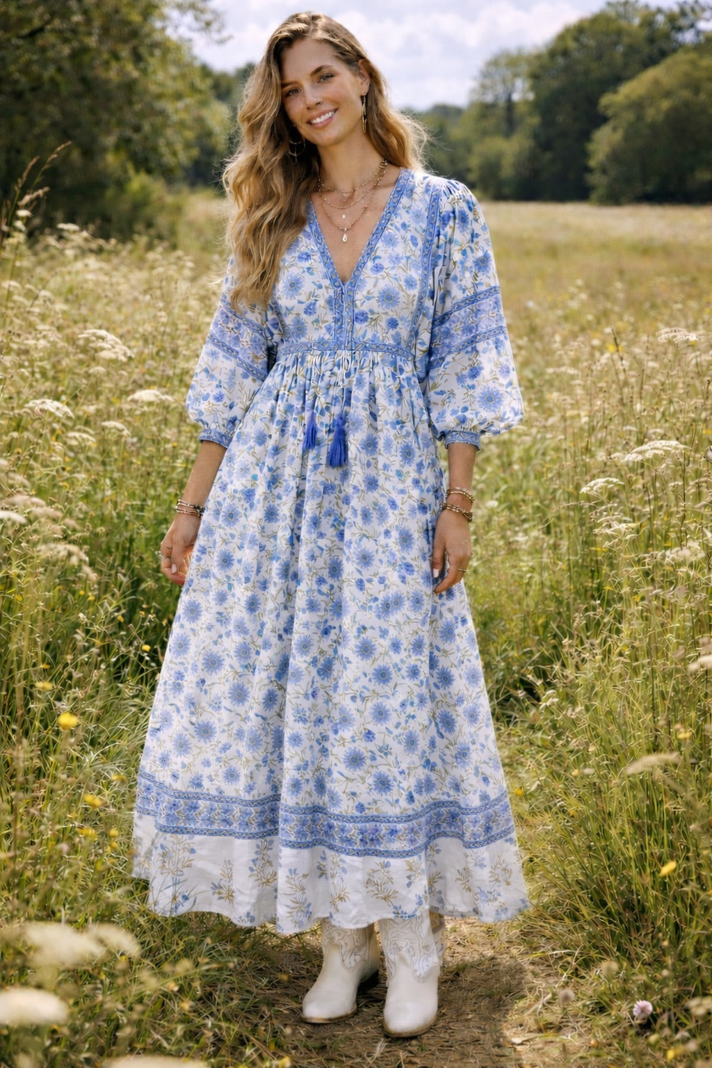 Amelia San Floral in Blue/Green Floaty sleeve maxi folk dress in woodblock print