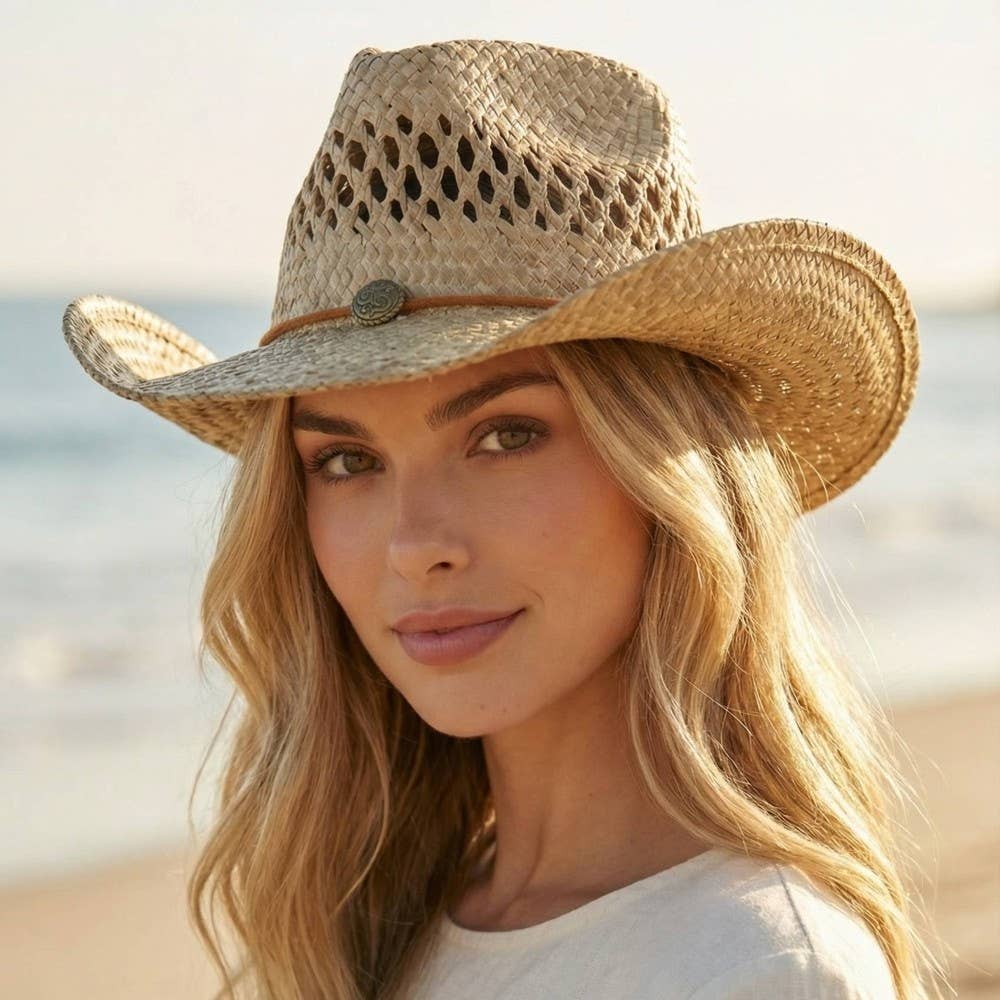 Straw Basket Rope Strap Western Cowboy Hat: NATURAL