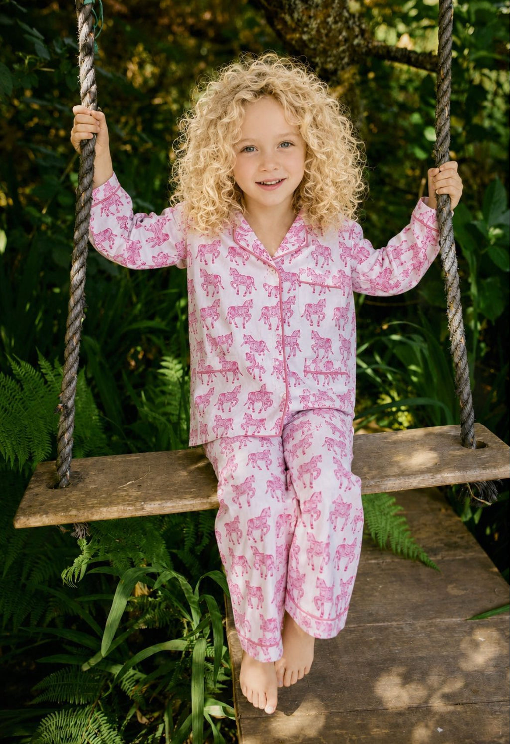 Kids horse print pyjamas in woodblock print cotton voile Available in pink and blue