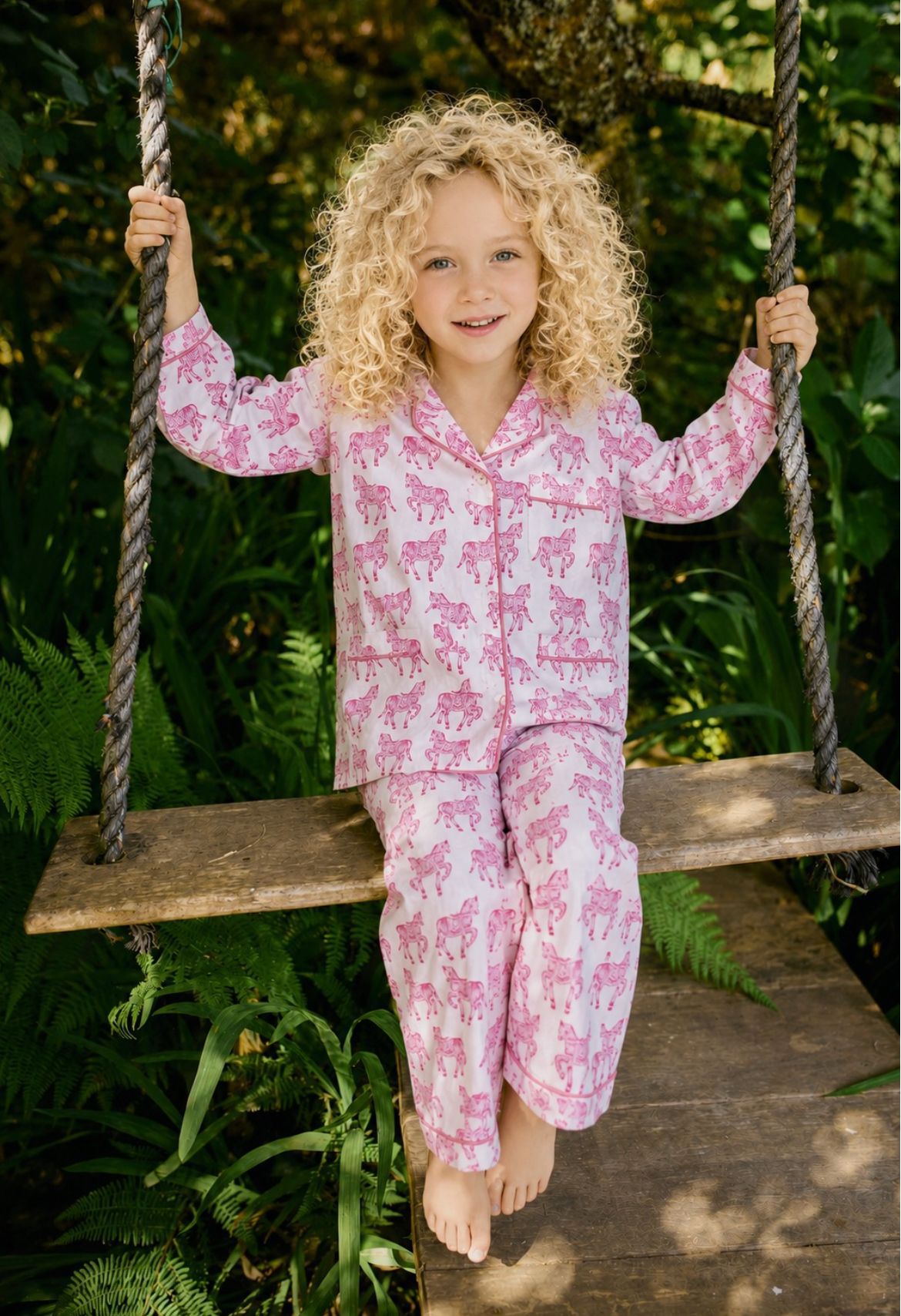 Kids horse print pyjamas in woodblock print cotton voile Available in pink and blue
