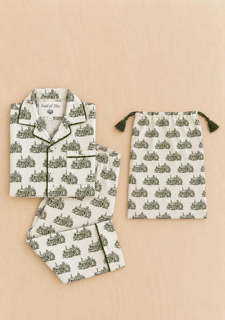 Kids Woodblock Print Tractor Pyjamas