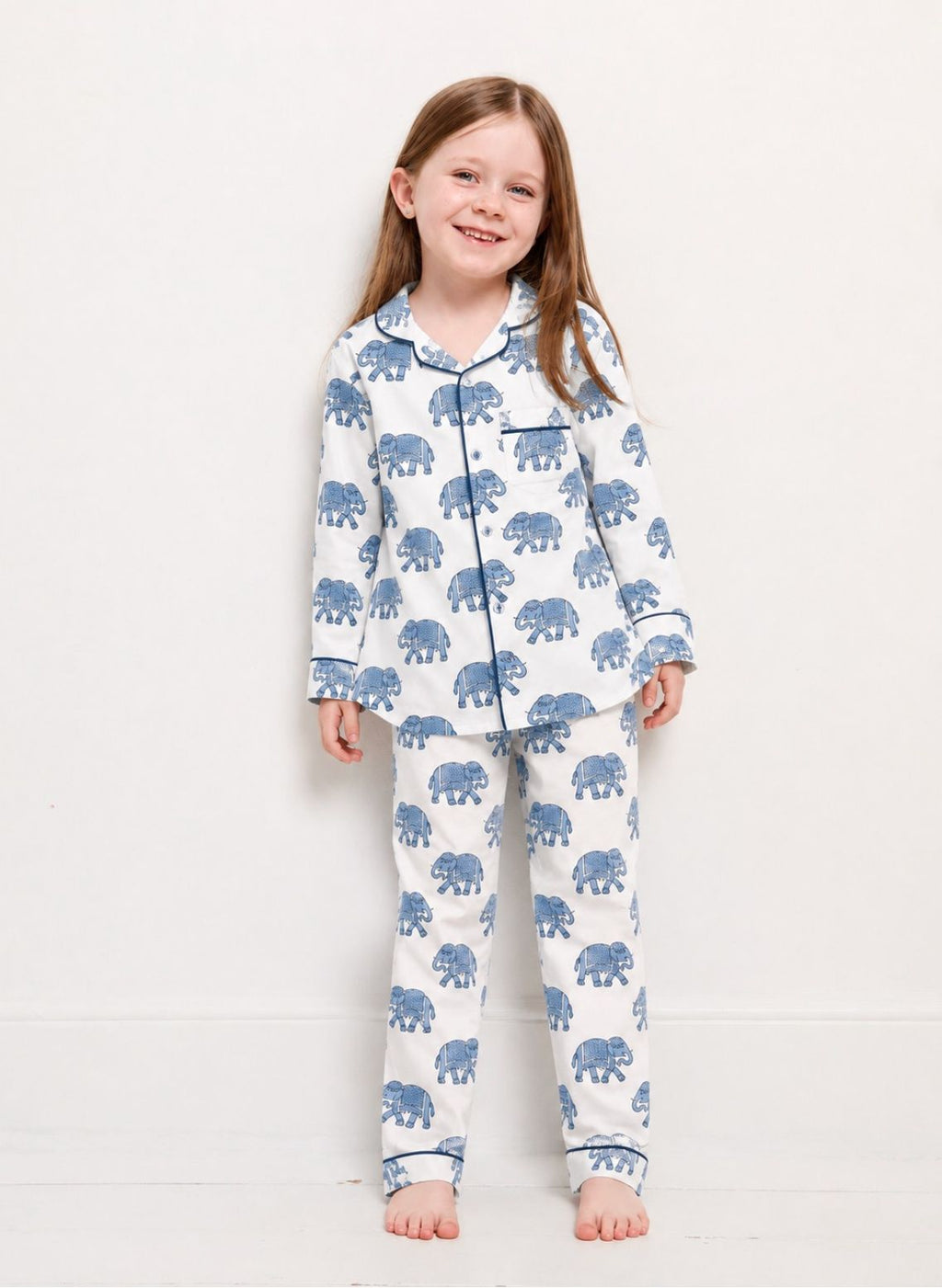 Kids Elephant print pyjamas in woodblock print cotton voile. Available in pink, blue & Green