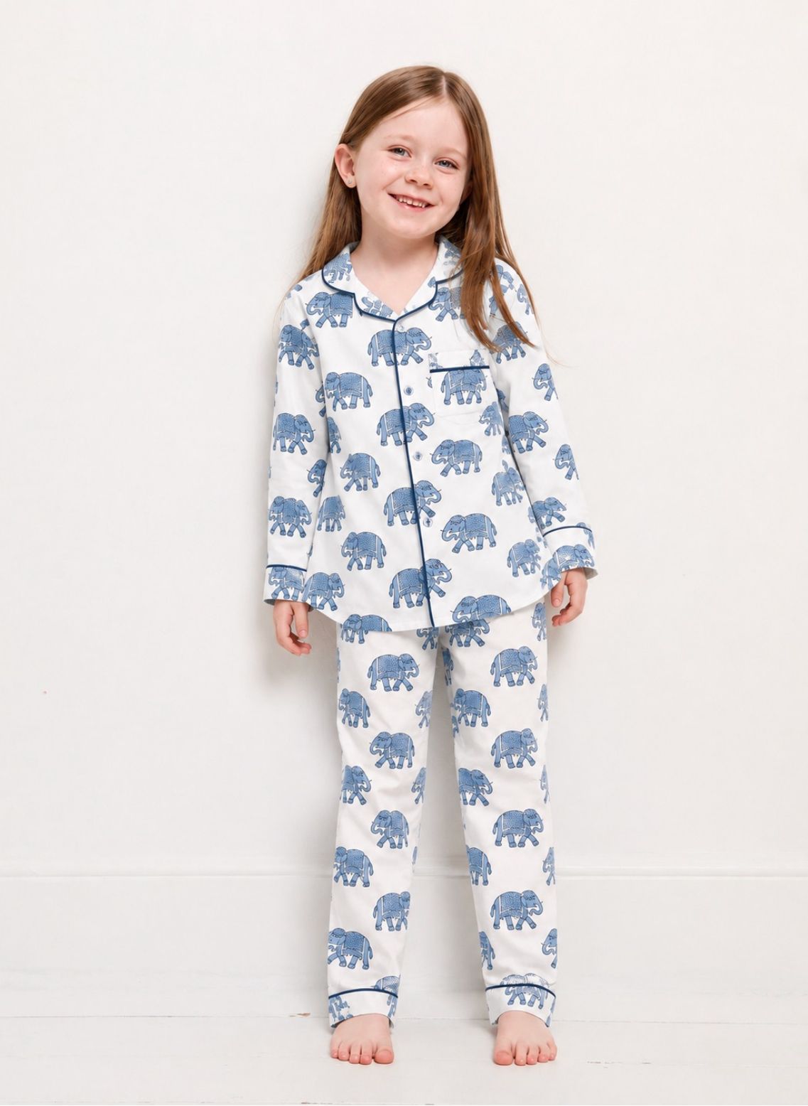 Kids Elephant print pyjamas in woodblock print cotton voile. Available in pink, blue & Green