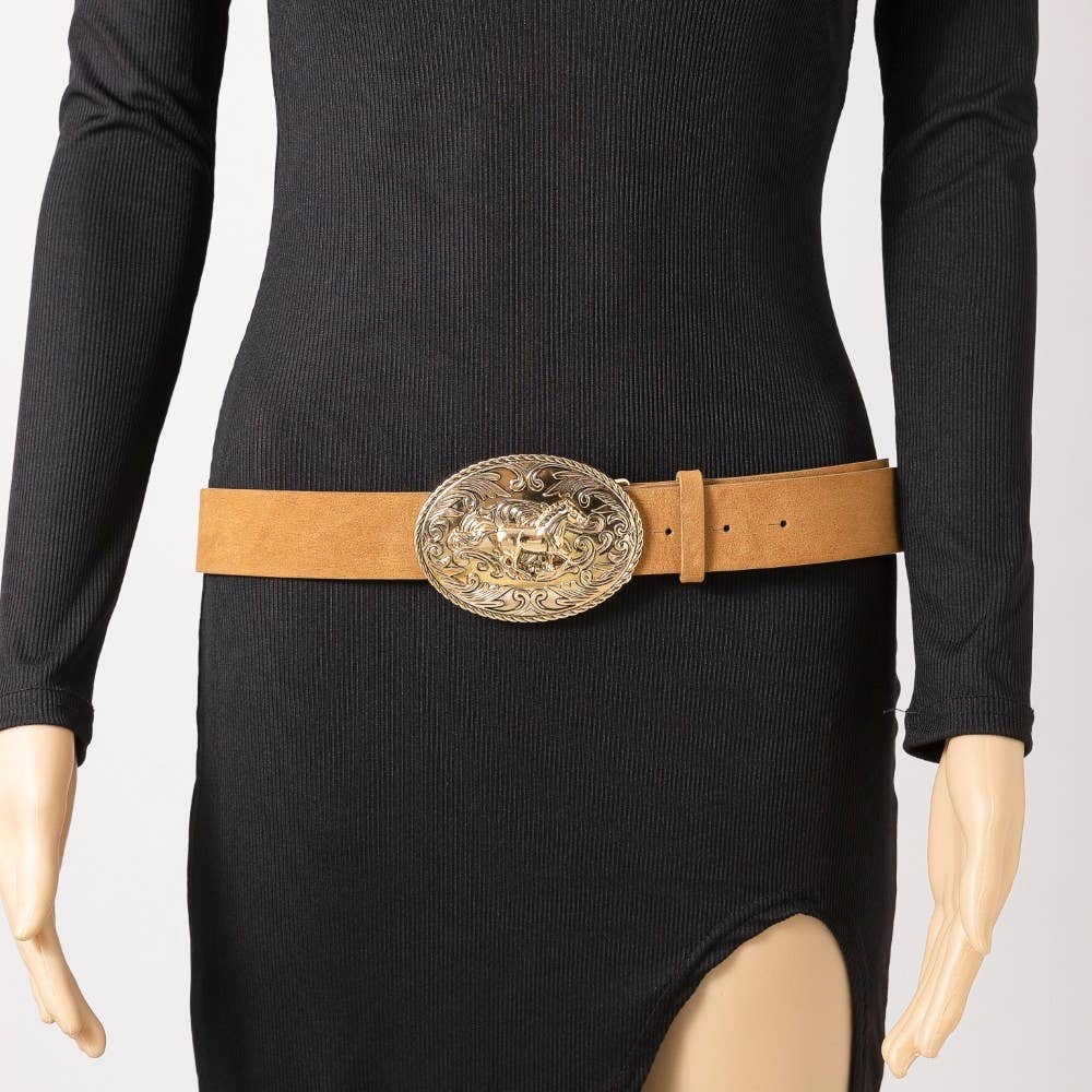 Suede Large Western Horse Medallion Buckle Belt: BROWN