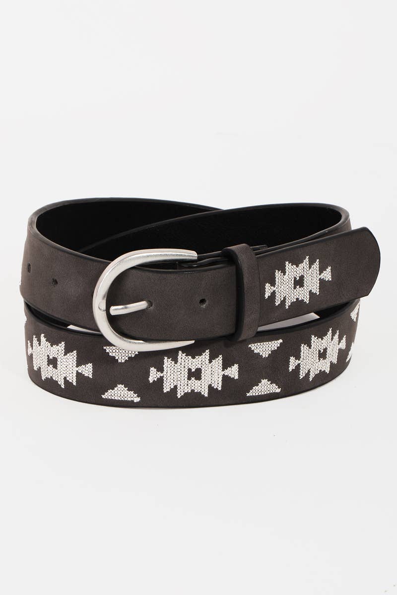 Western Boho Embroidered Pattern Vegan Leather Belt: IV
