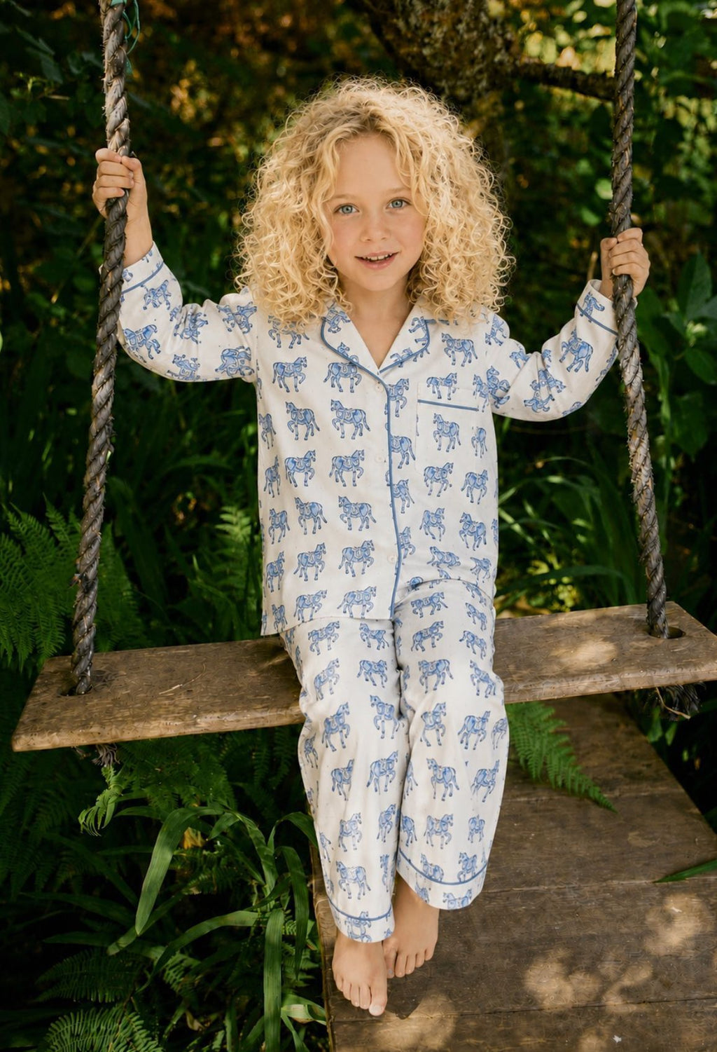 Kids horse print pyjamas in woodblock print cotton voile Available in pink and blue