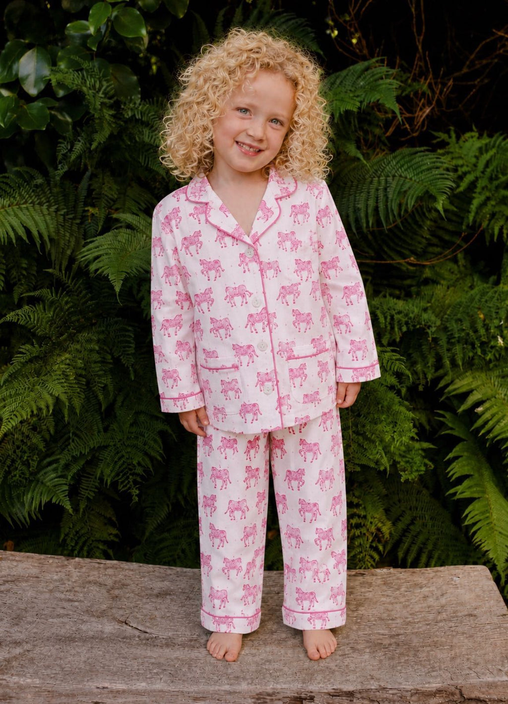 Kids horse print pyjamas in woodblock print cotton voile Available in pink and blue