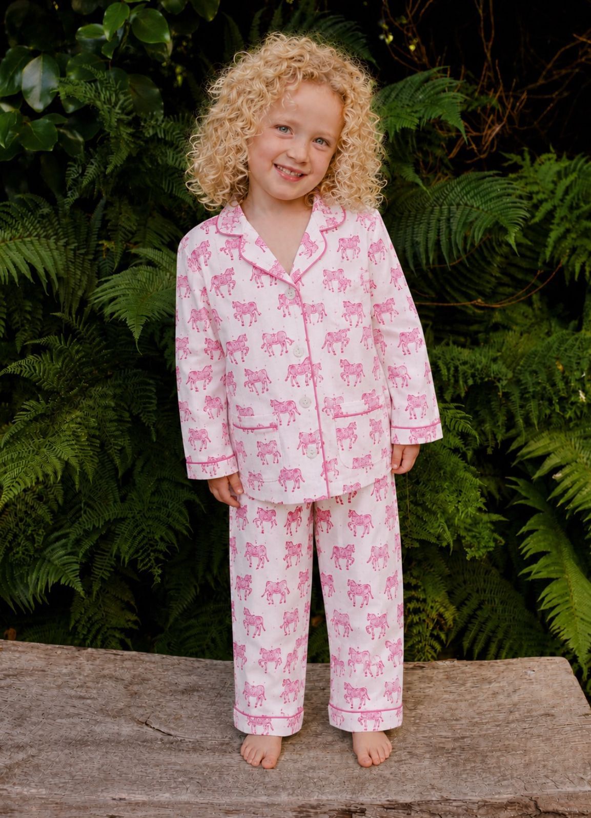 Kids horse print pyjamas in woodblock print cotton voile Available in pink and blue