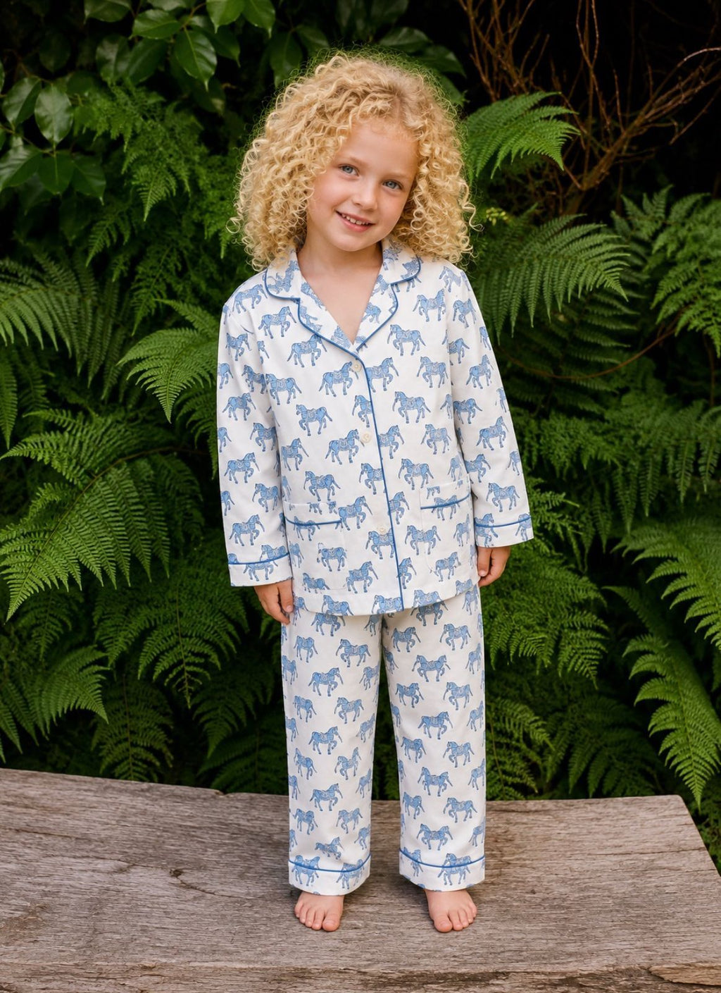 Kids horse print pyjamas in woodblock print cotton voile Available in pink and blue