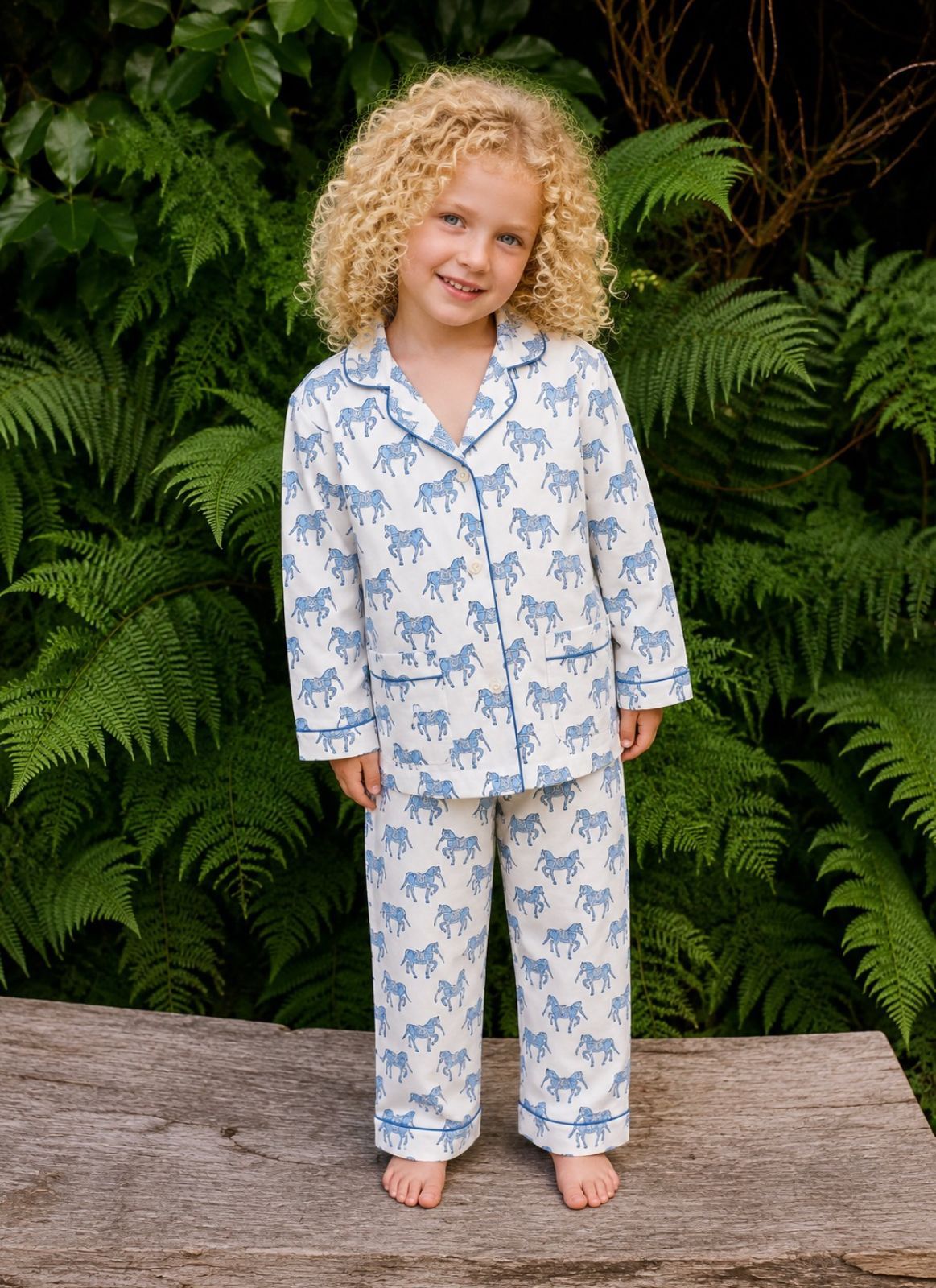 Kids horse print pyjamas in woodblock print cotton voile Available in pink and blue