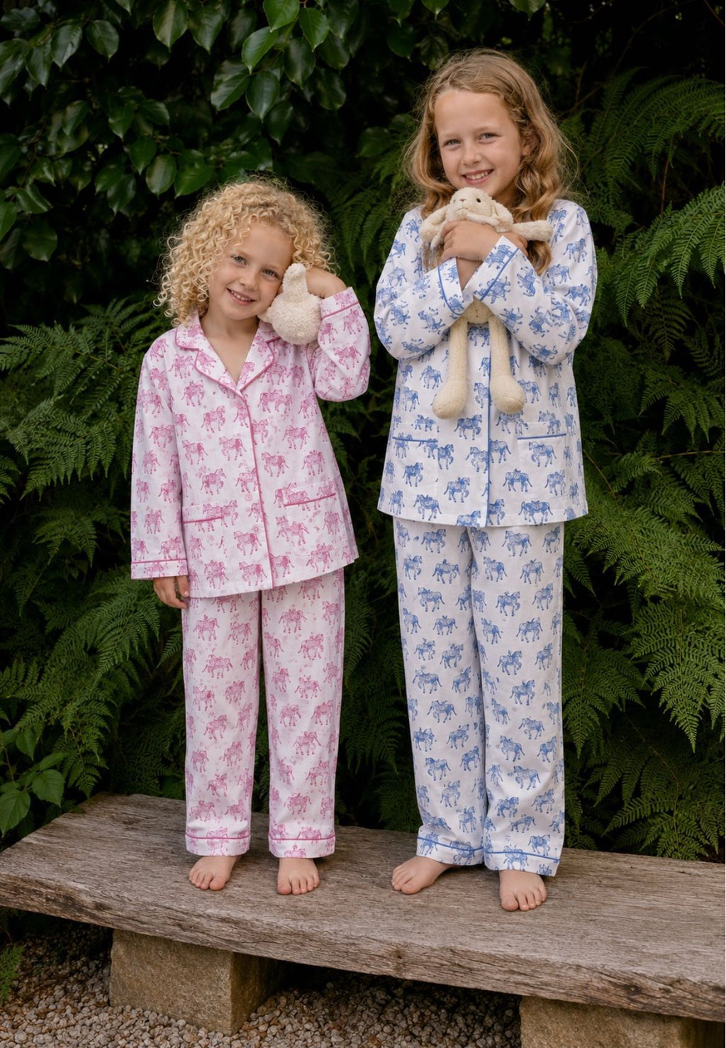 Kids horse print pyjamas in woodblock print cotton voile Available in pink and blue