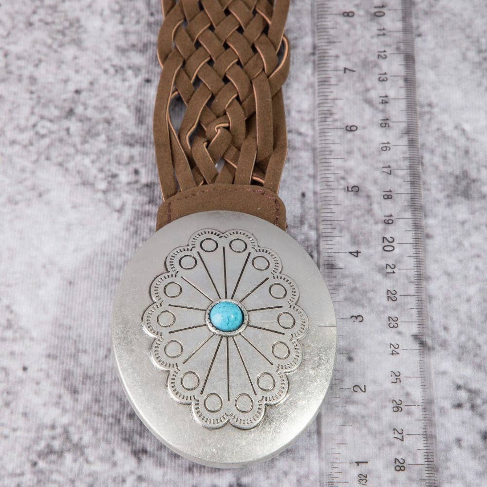 Western Braided Concho Buckle Vegan Leather Belt: SDBR