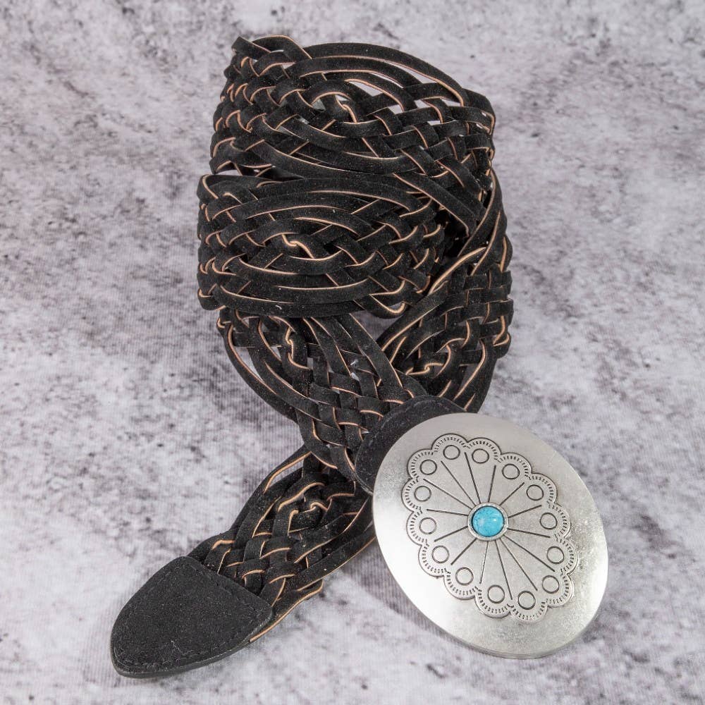 Western Braided Concho Buckle Vegan Leather Belt: SDBR