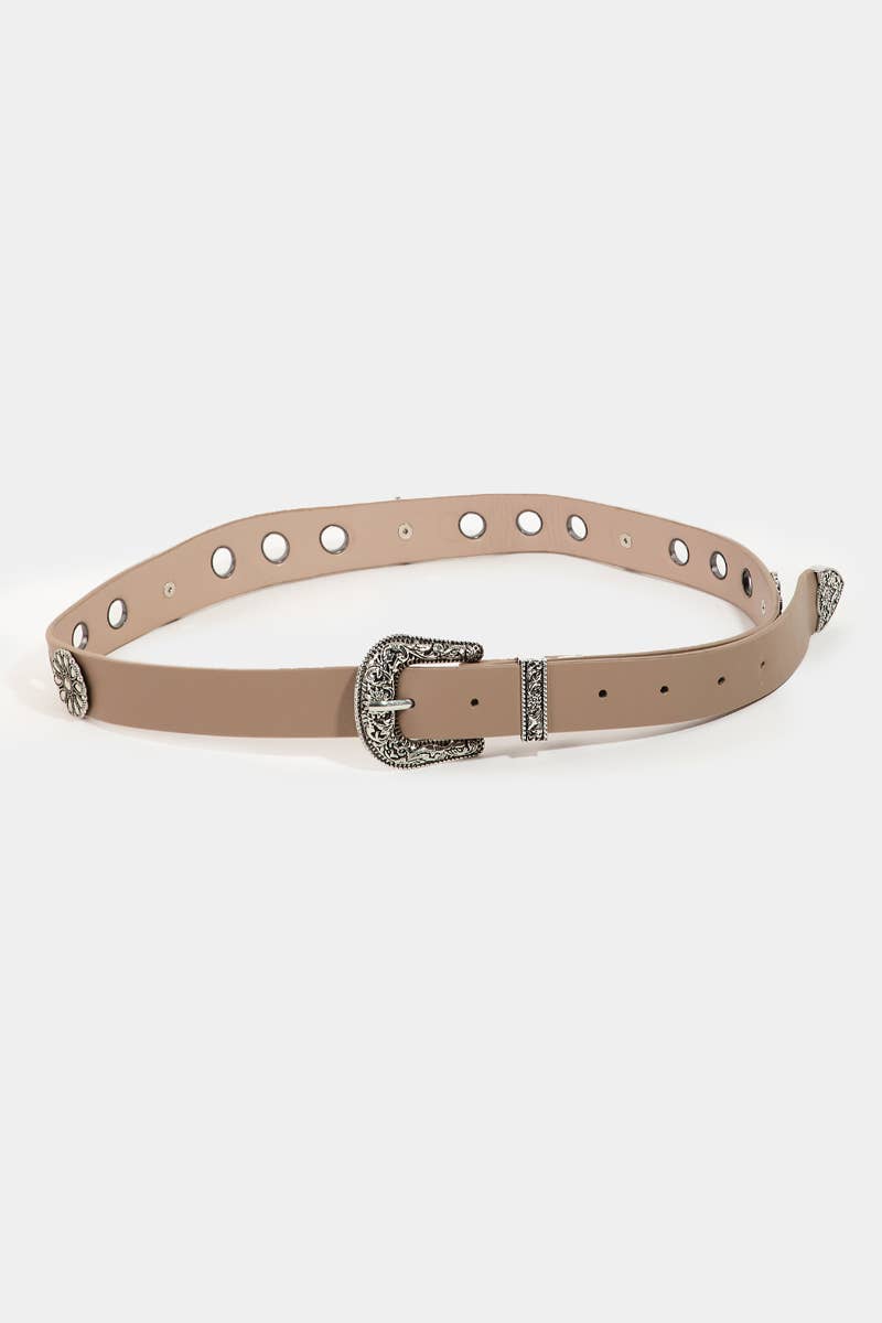 Western Etched Buckle Vegan Leather Belt: KA