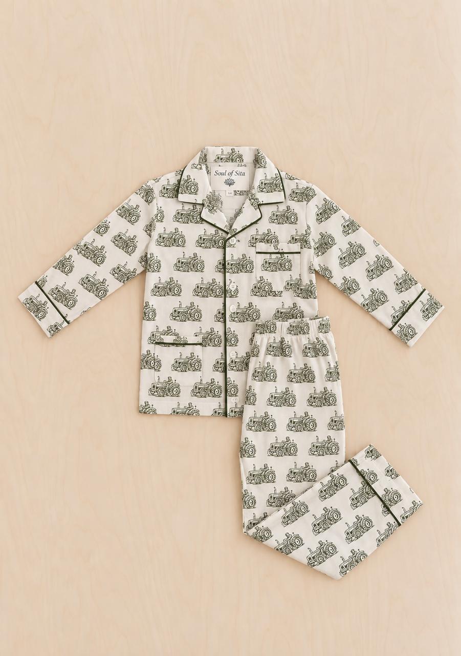Kids Woodblock Print Tractor Pyjamas