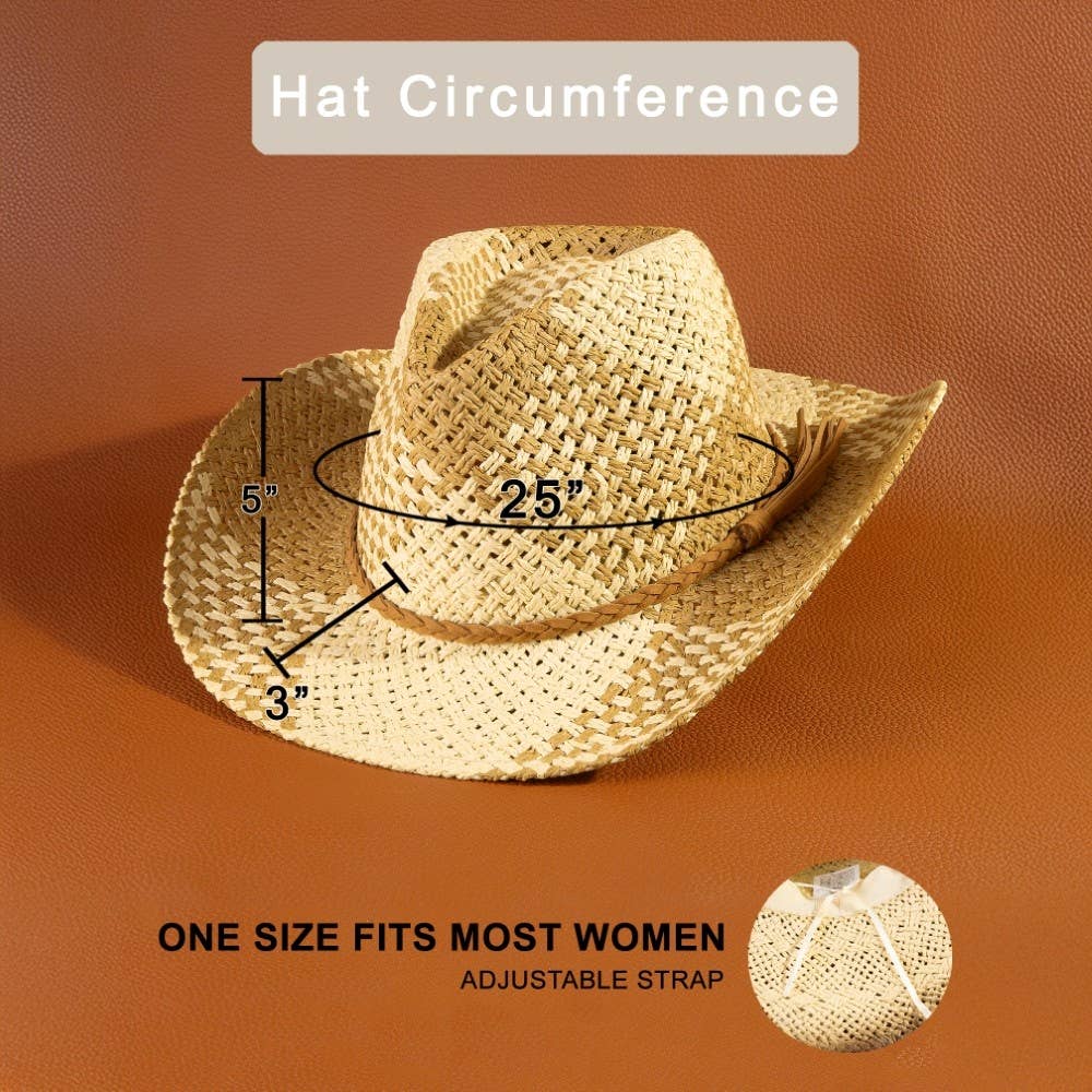 Two Tone Straw Braided Patches Cowboy Hat: KA