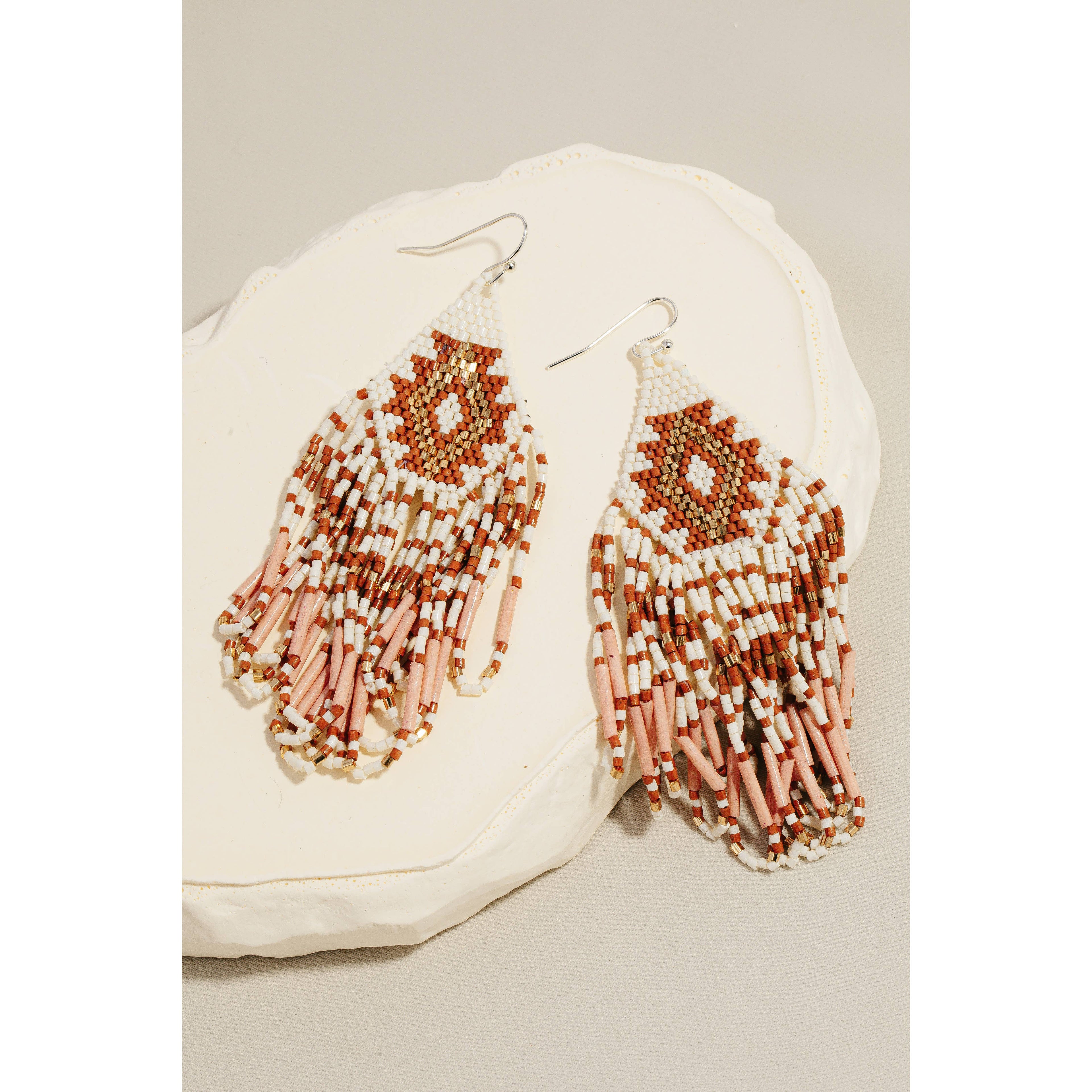 Triangular Boho Seed Beaded Fringe Dangle Earrings: SHP