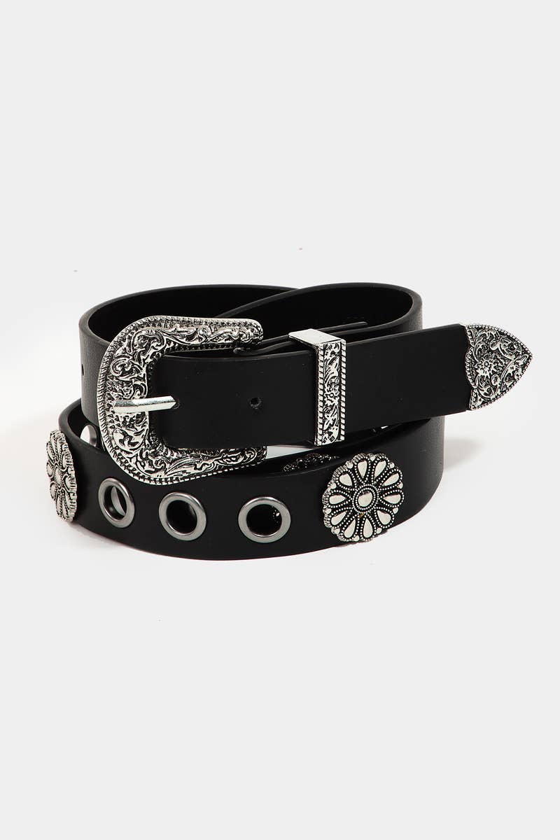Western Etched Buckle Vegan Leather Belt: KA