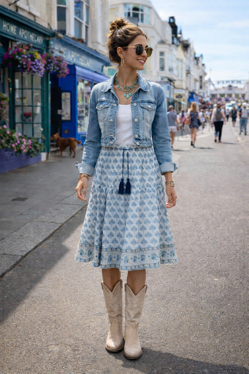Anna Blue Knee length woodblock printed gypsy skirt, with border