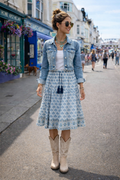 Anna Blue Knee length woodblock printed gypsy skirt, with border