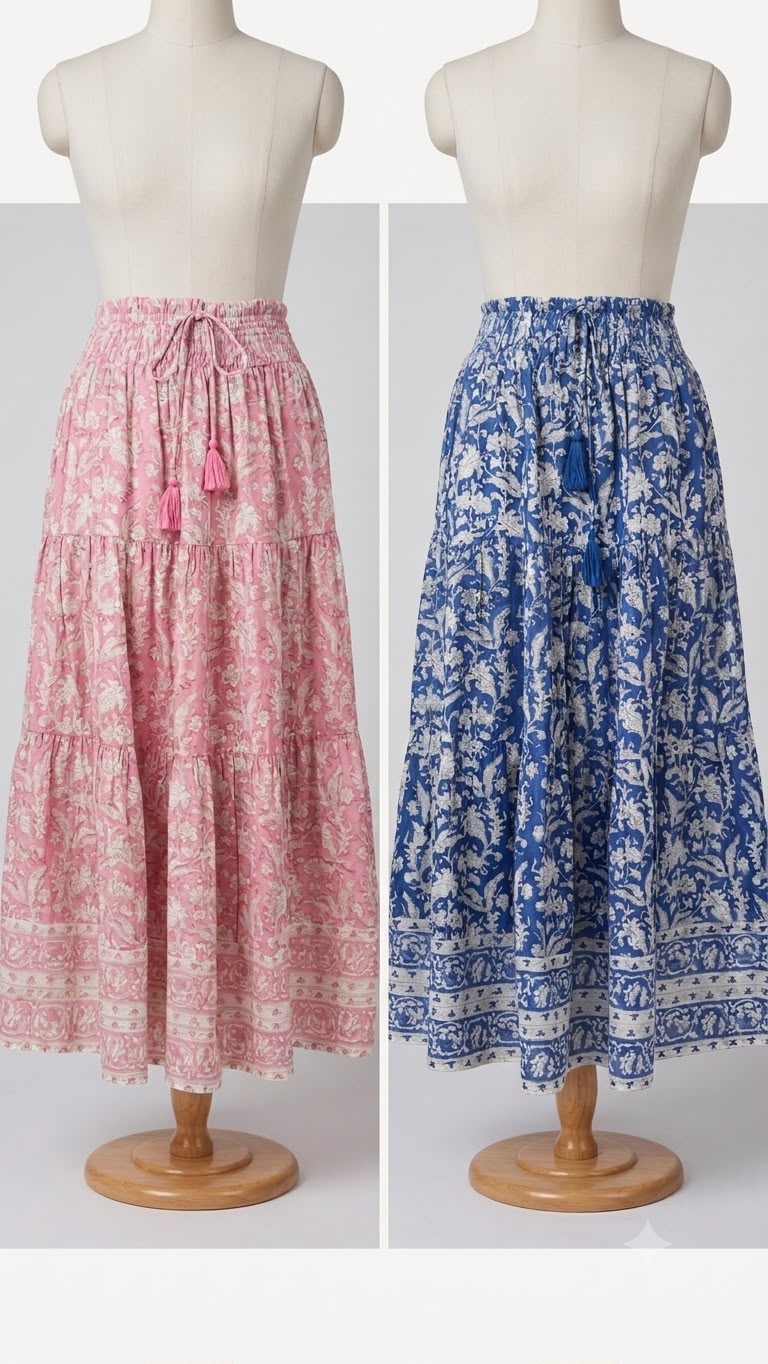 Blue Brianne Woodblock print skirt with border