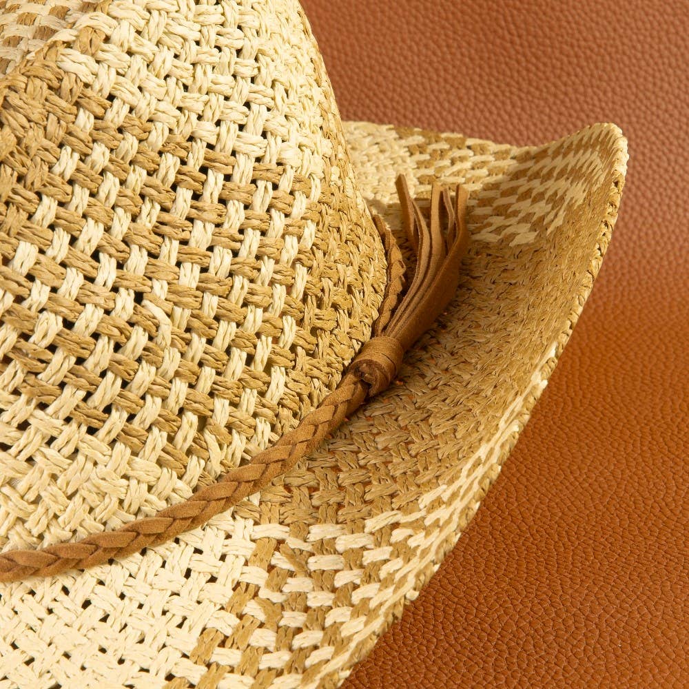 Two Tone Straw Braided Patches Cowboy Hat: KA