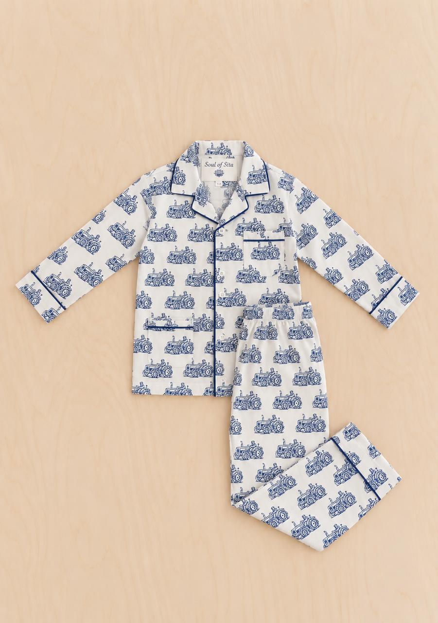 Kids Woodblock Print Tractor Pyjamas