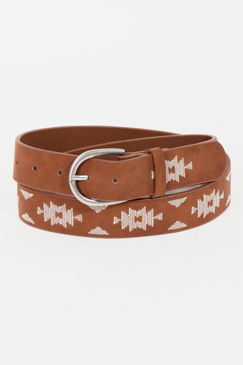 Western Boho Embroidered Pattern Vegan Leather Belt: BK