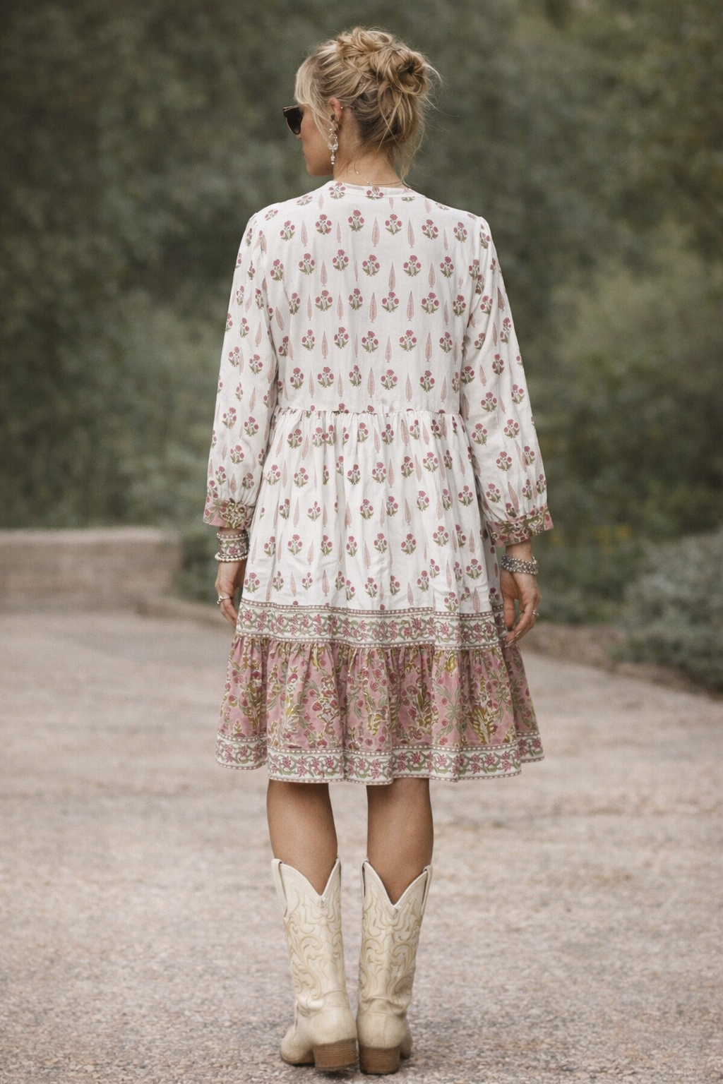 Bella Cream and Pink Wood block printed cotton voile dress