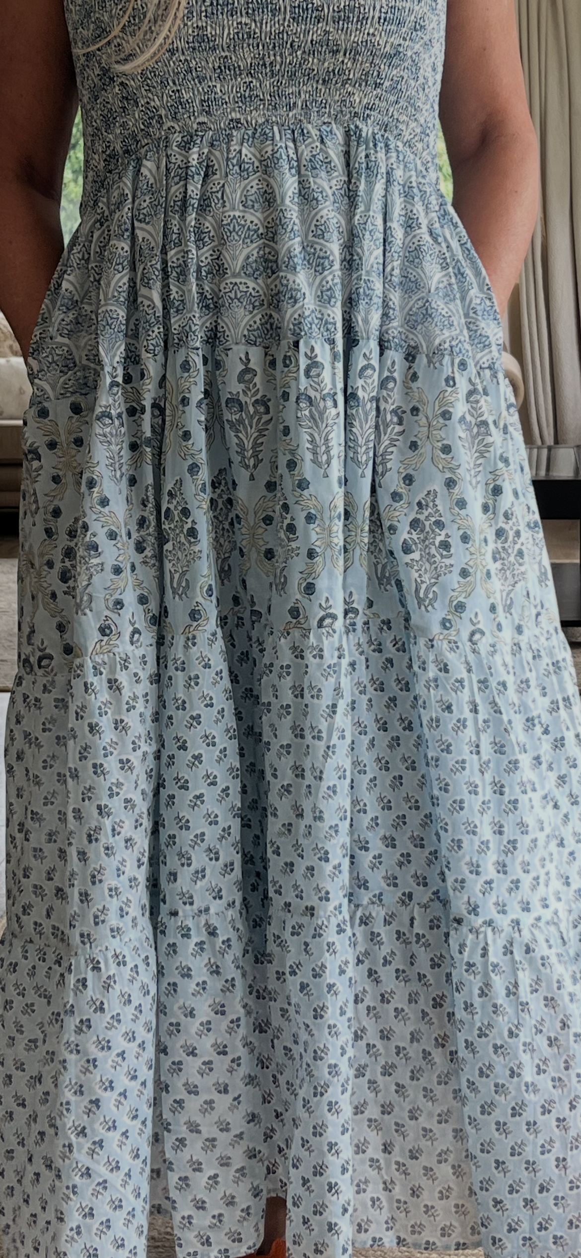 Strapless summer maxi in soft blues - woodblock print