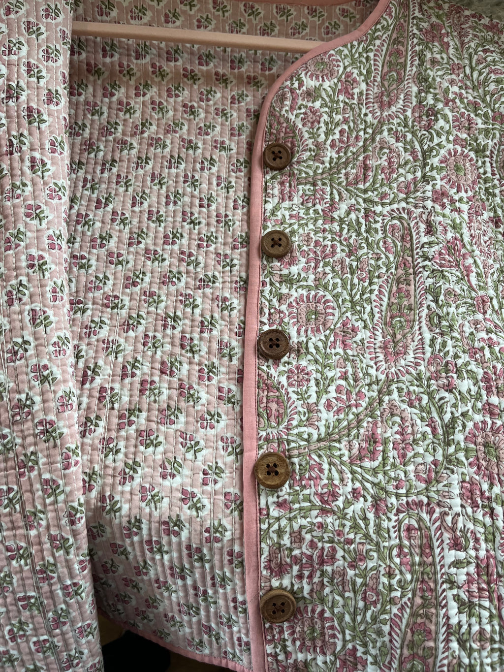 Pink/Green Floral wood block printed reversible jacket with wooden buttons, 100% cotton, hand printed by amazingly talented artisans in Jaipur.