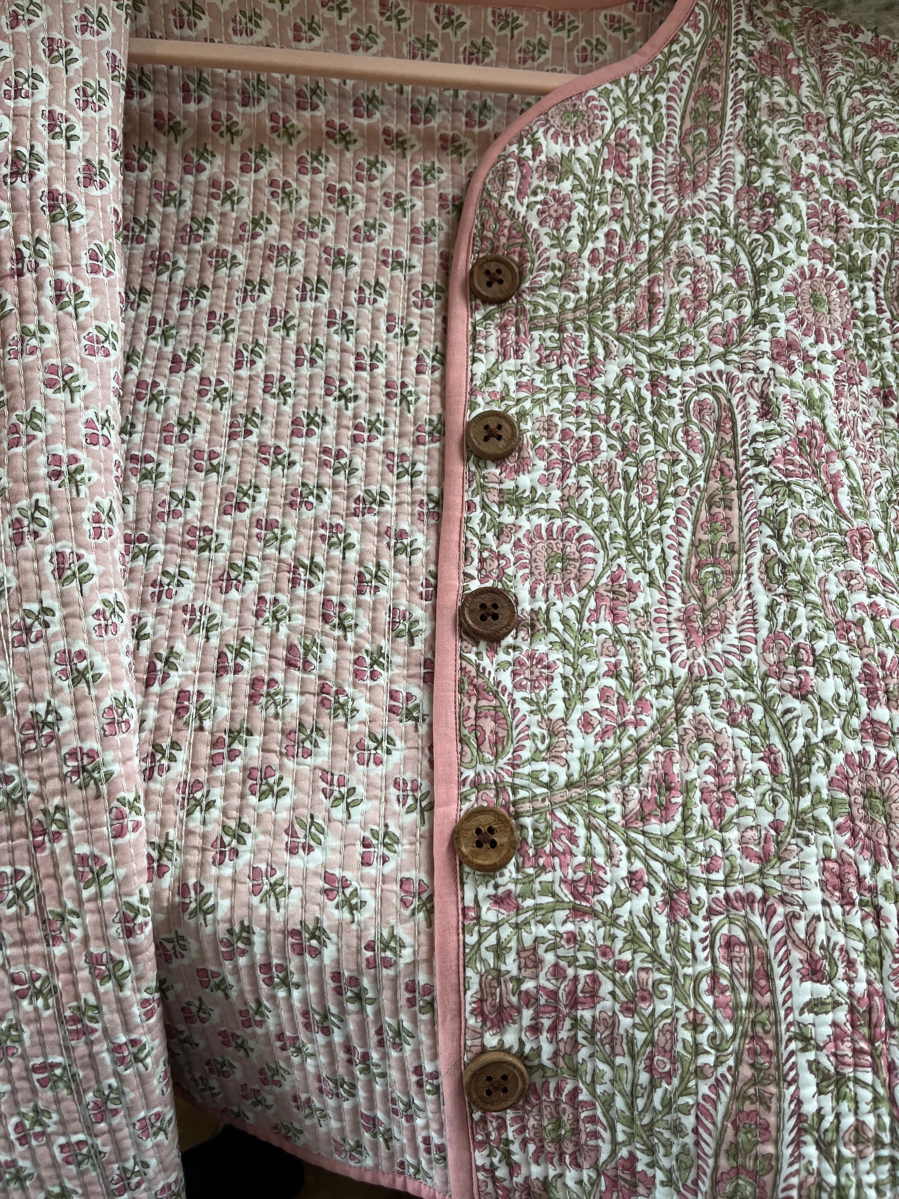Pink/Green Floral wood block printed reversible jacket with wooden buttons, 100% cotton, hand printed by amazingly talented artisans in Jaipur.