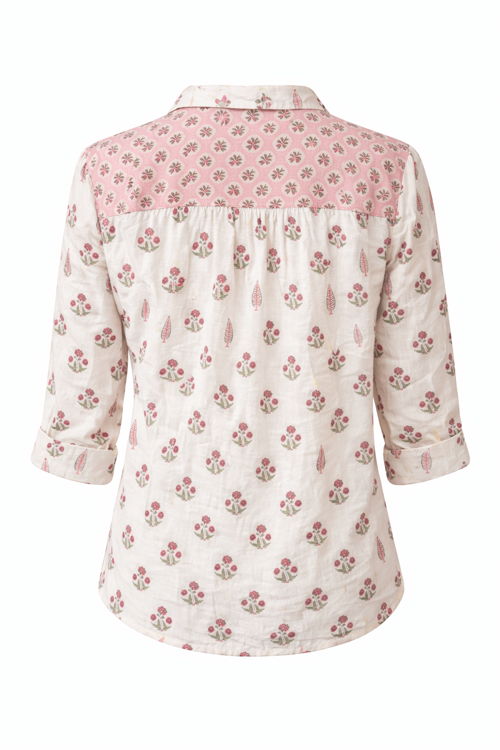 Long sleeve western style shirt in cotton voile, with a beautiful wood block print