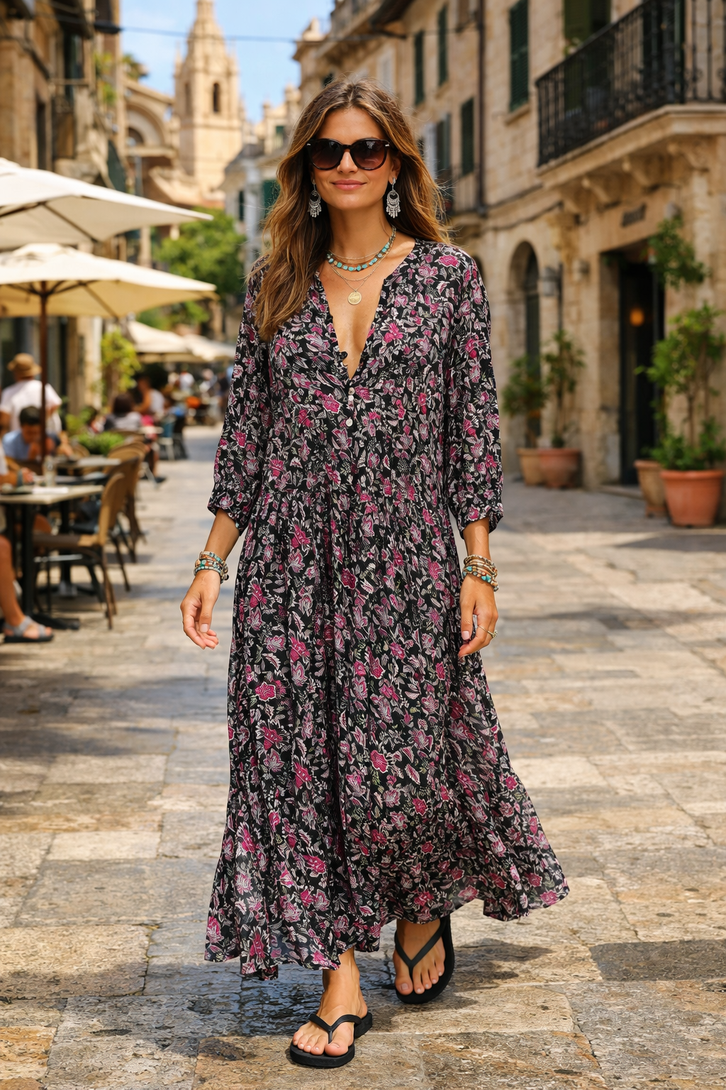 Inky black Cotton / Silk maxi dress in beautiful floral print with separate cotton vest under garment. Side pockets.