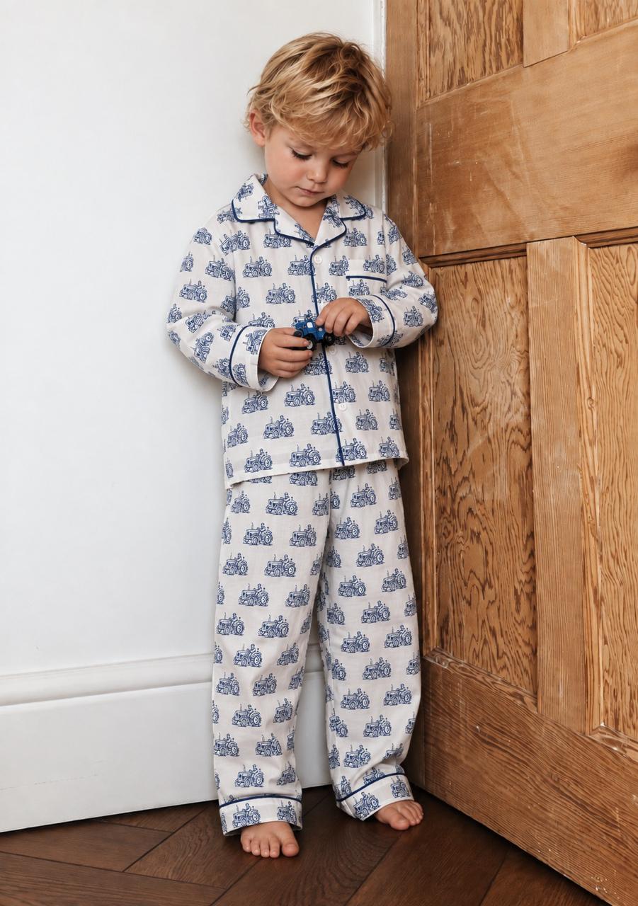 Kids Woodblock Print Tractor Pyjamas