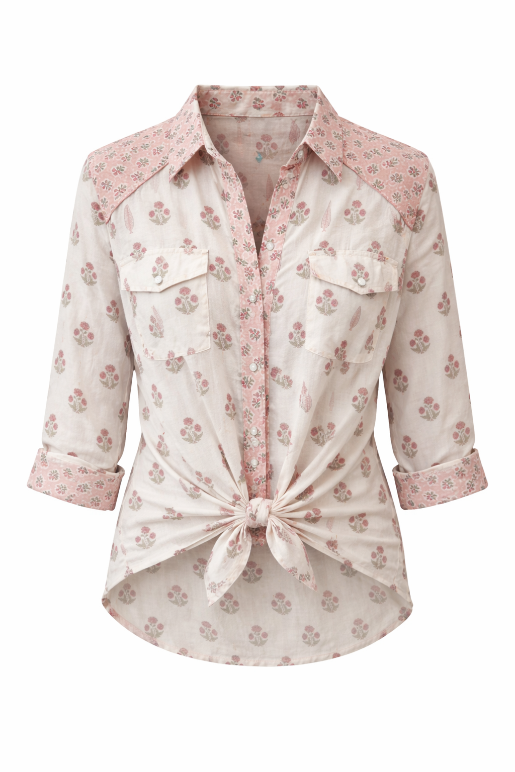 Long sleeve western style shirt in cotton voile, with a beautiful wood block print