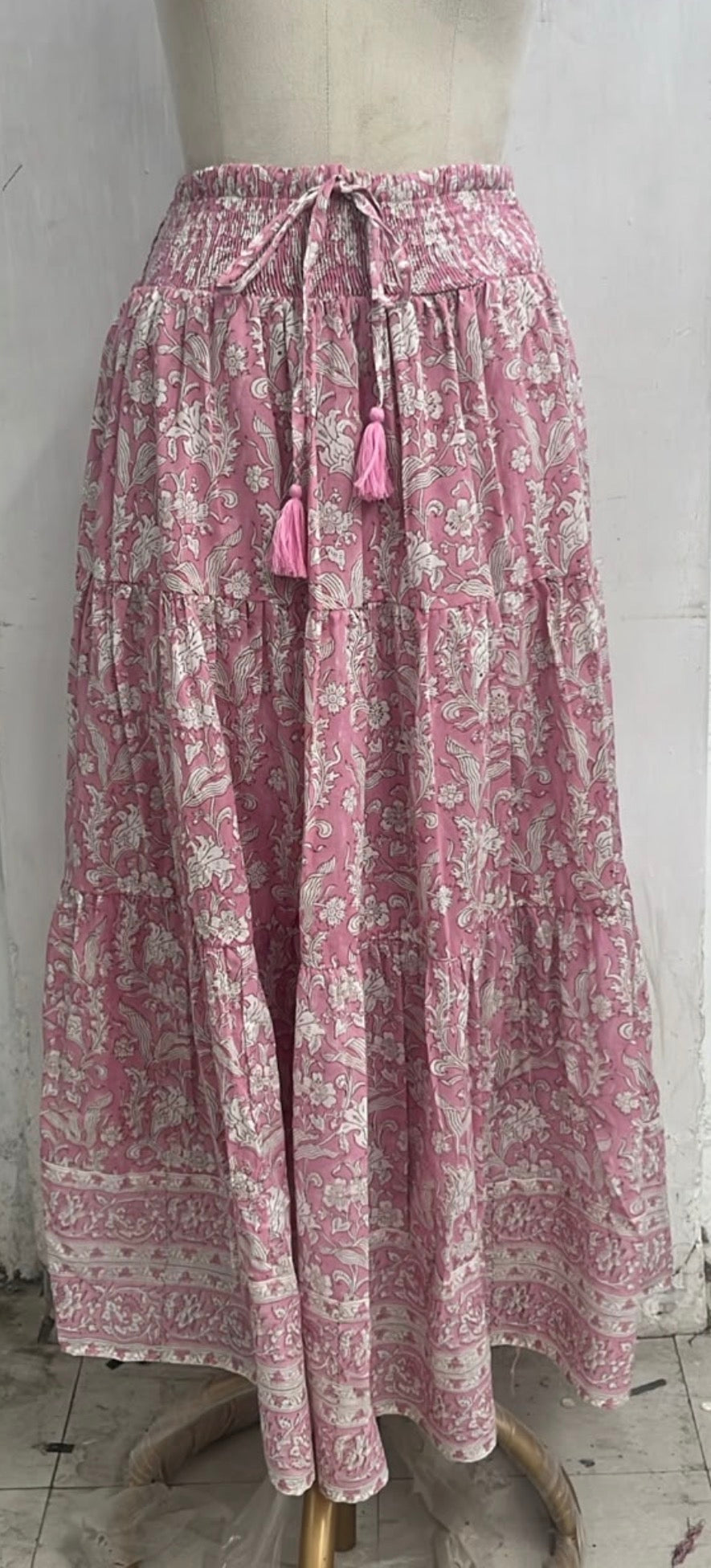Pink Brianne woodblock printed cotton voile skirt with border