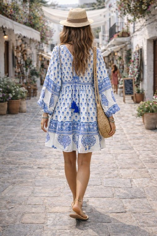 Amelia Folk print cotton voile mini dress, fully lined